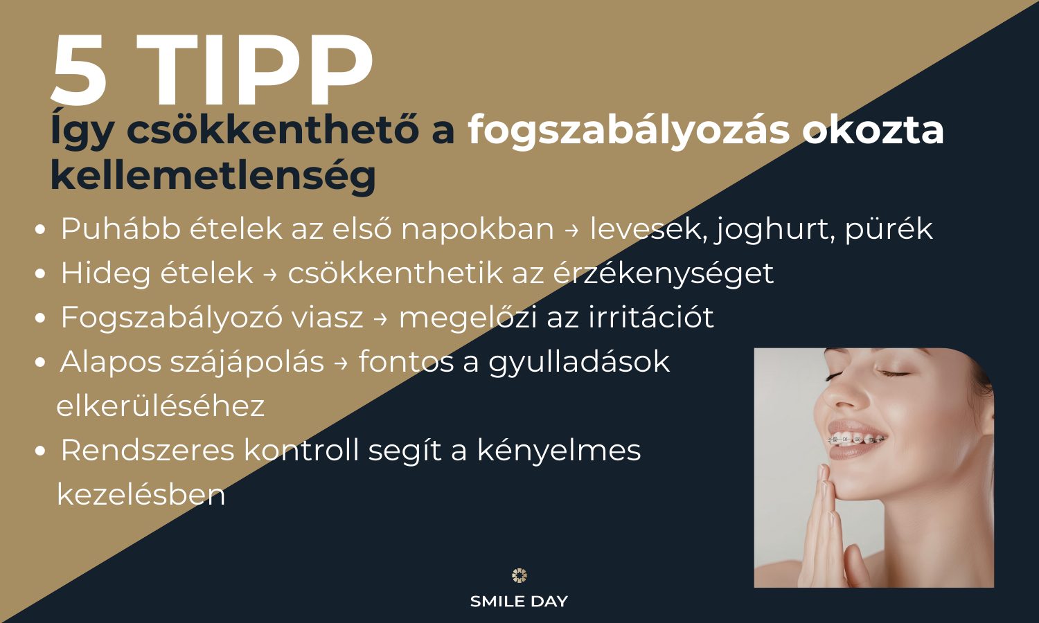 Infografika, amely segíthet csökkenteni a fogszabályozás okozta kellemetlenségeket, például puhább ételek fogyasztásával és fogszabályozó viasz használatával.